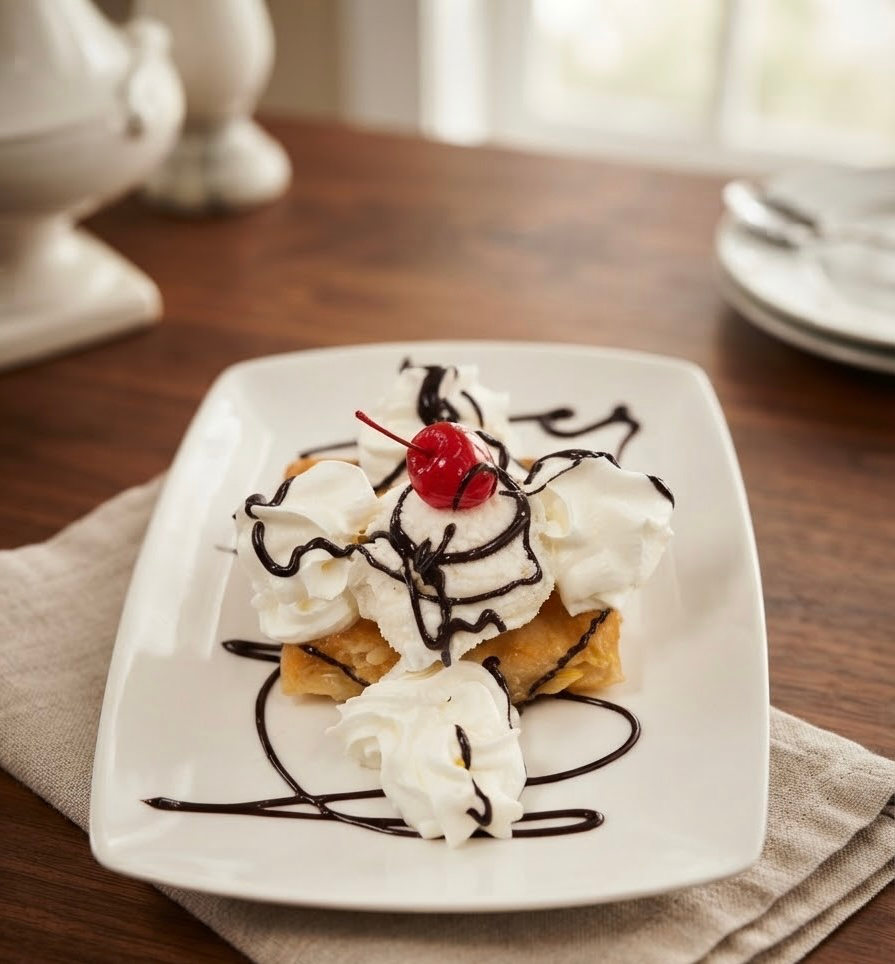 Ice cream dessert with chocolate sauce