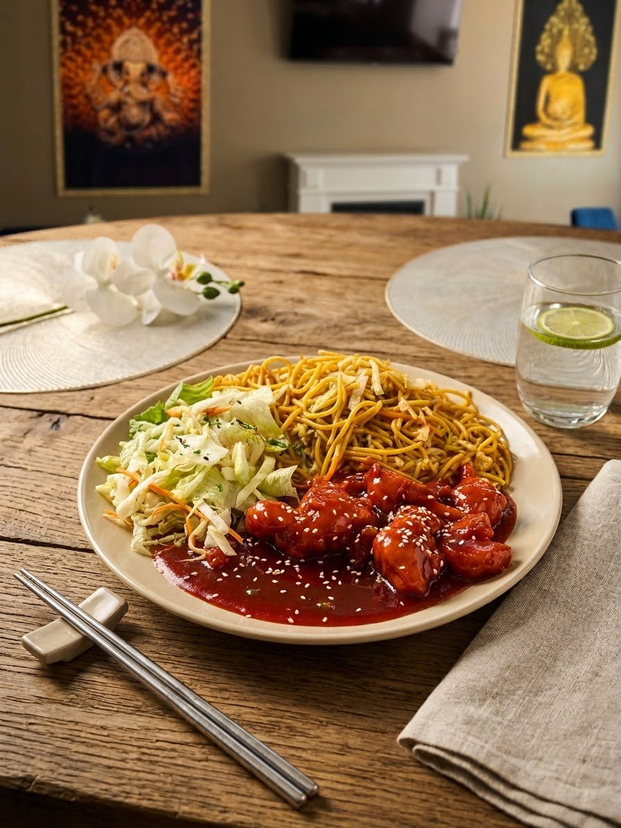 Crispy noodles with sweet chilli chicken