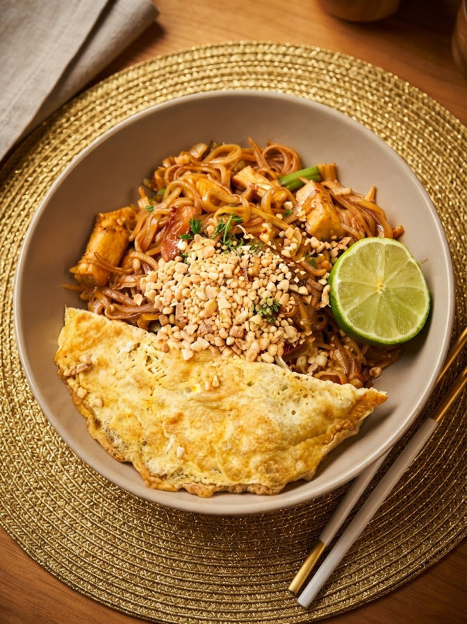 Wok noodles with omelette, peanuts and lime