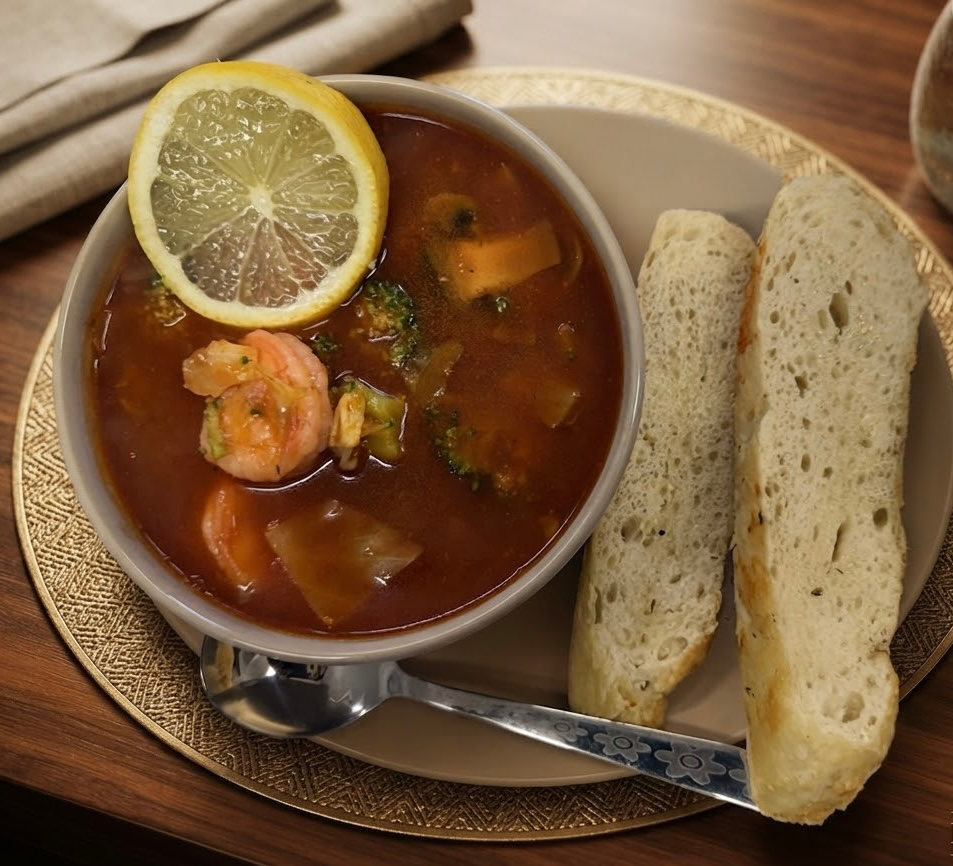 Prawn soup served with bread
